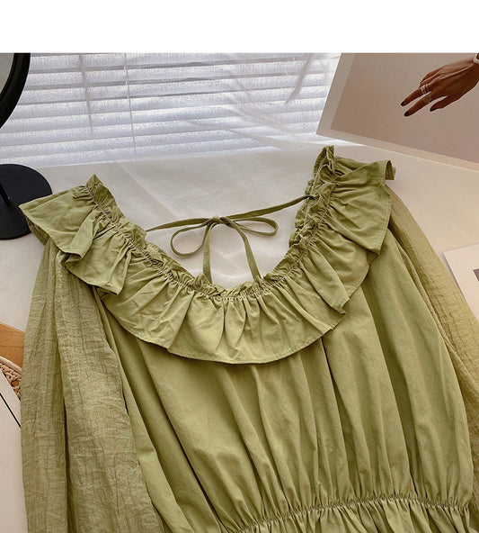 Lace up Ruffle round neck shirt with slim waist  6434