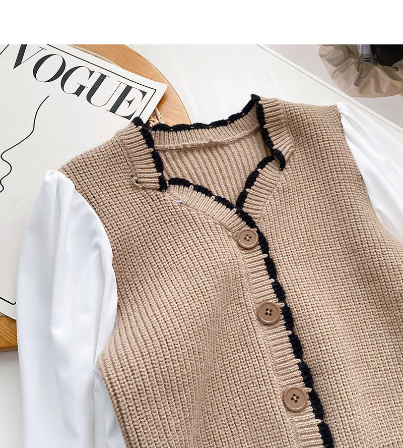 French small square neck stitched long sleeve fake two-piece blouse  6683