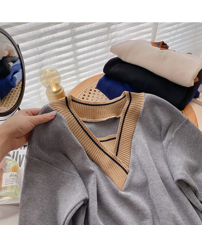 Long sleeve T-shirt retro contrast V-neck short temperament top  6551