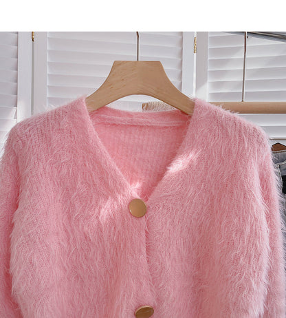 Mohair sweater gentle temperament solid V-neck short long sleeve  6138