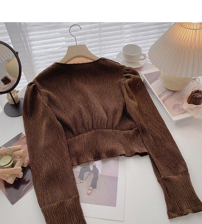 Pleated Vintage V-neck shirt shows thin Hong Kong flavor  6401