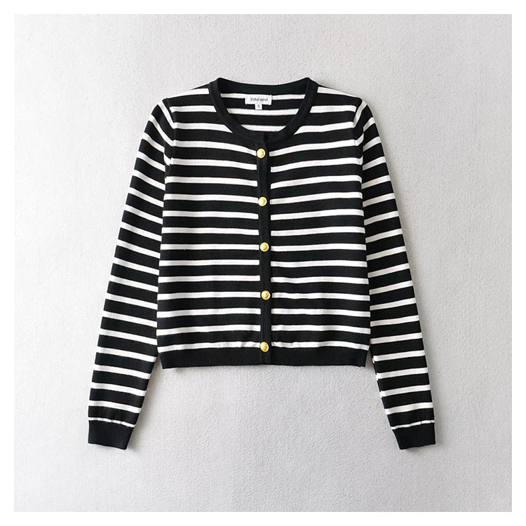 Xiaoxiangfeng knitted cardigan black and white striped gold button top  7524
