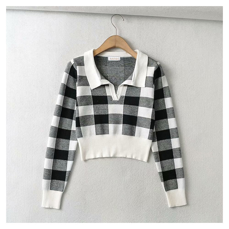 Vintage chessboard Plaid Polo neck T-shirt  7394