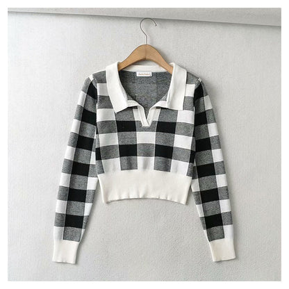 Vintage chessboard Plaid Polo neck T-shirt  7394