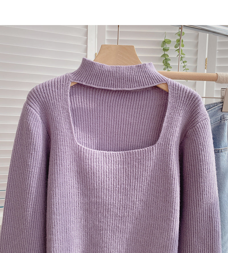 Stand collar hollowed out Lantern Sleeve Sweater  6177