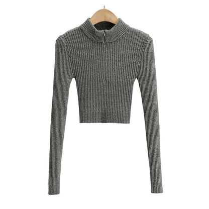 Solid color half high neck zipper design sweater  7332