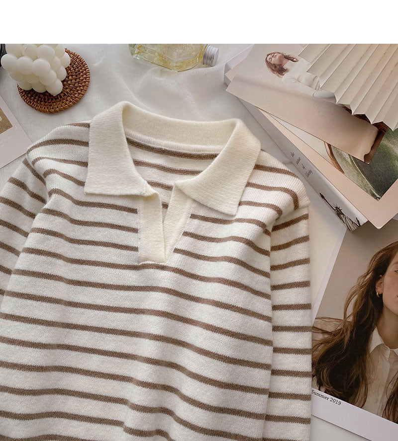 Striped knitted Pullover Sweater lazy temperament thin top  6571
