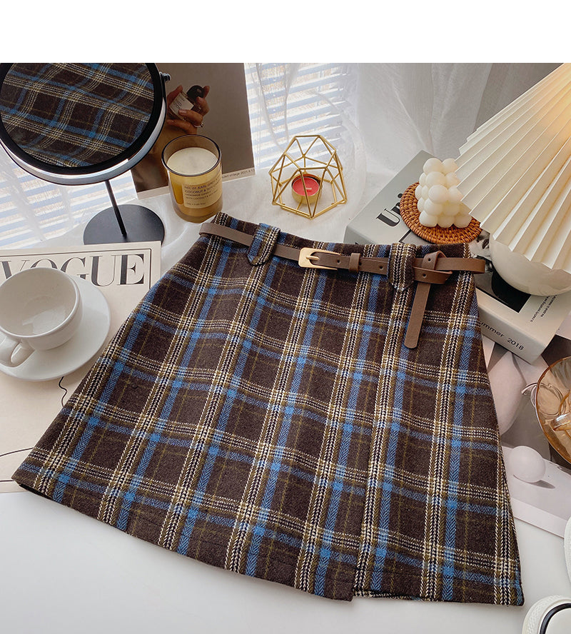 Versatile retro fashion checkered high waist A-line skirt  5596