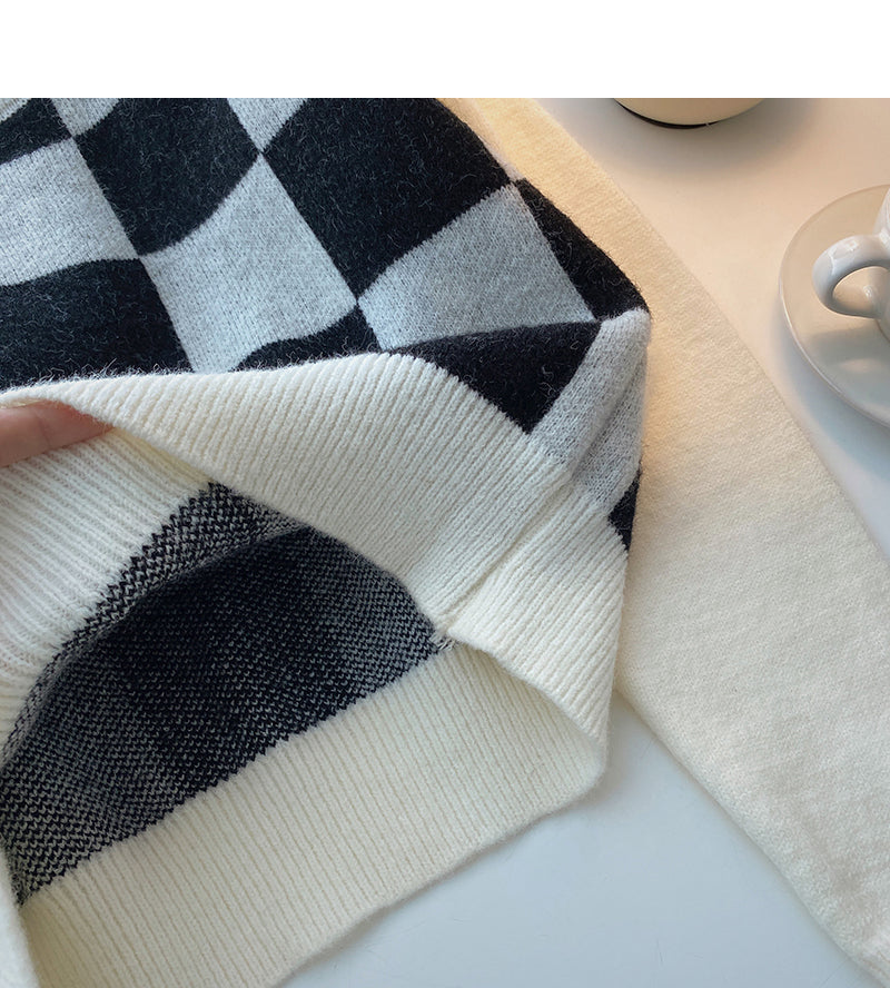 Hong Kong style retro chessboard plaid sweater  5925