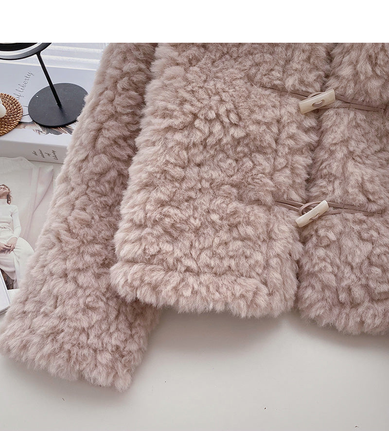 Sweet aging Plush ox horn button loose long sleeve coat  6222