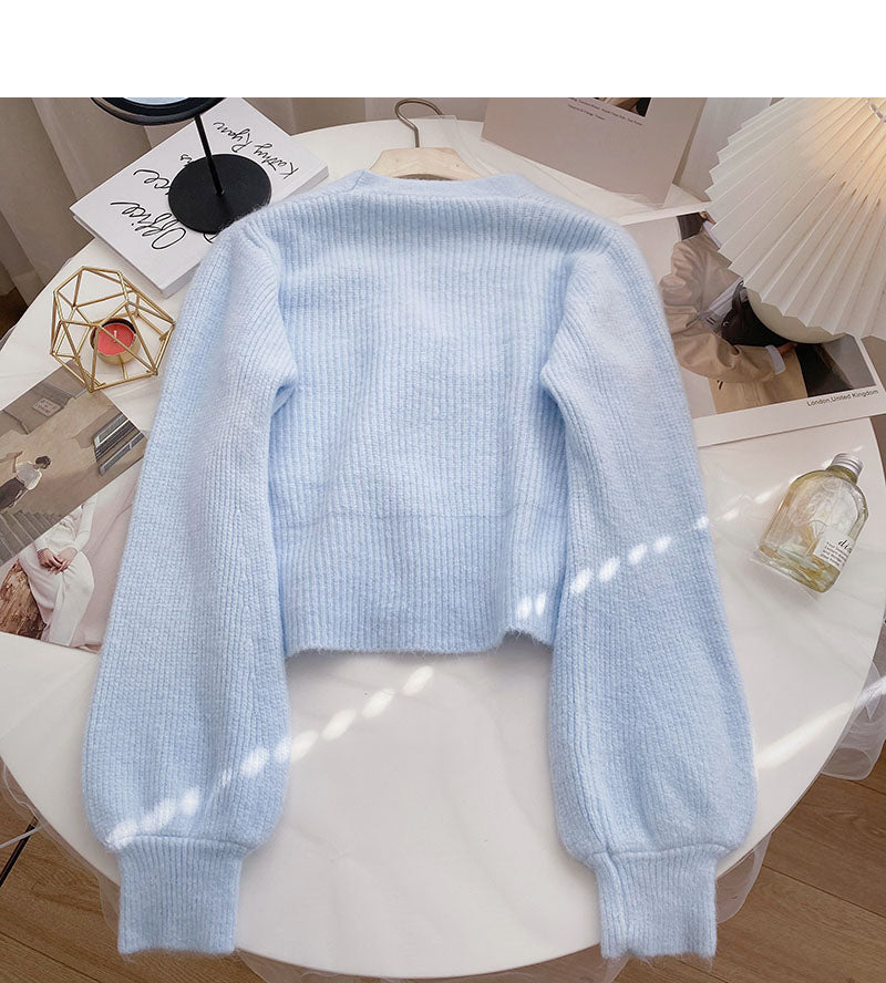 Korean version lazy wind gentle foreign style solid color bow V-neck top  6058