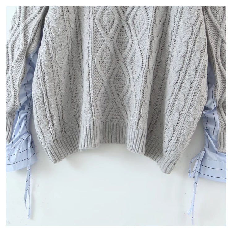 Vintage stitched sleeve round neck Pullover loose medium length sweater  7334