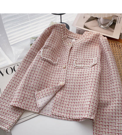 Vintage pearl button long sleeve plaid coat  6215