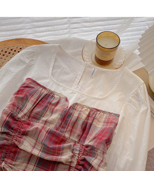 Plaid stitched shirt drawstring fake two tops  6378