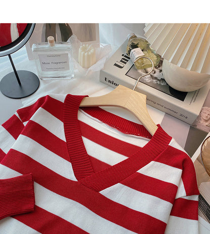 Striped long sleeved sweater Pullover Top bottomed shirt  6448