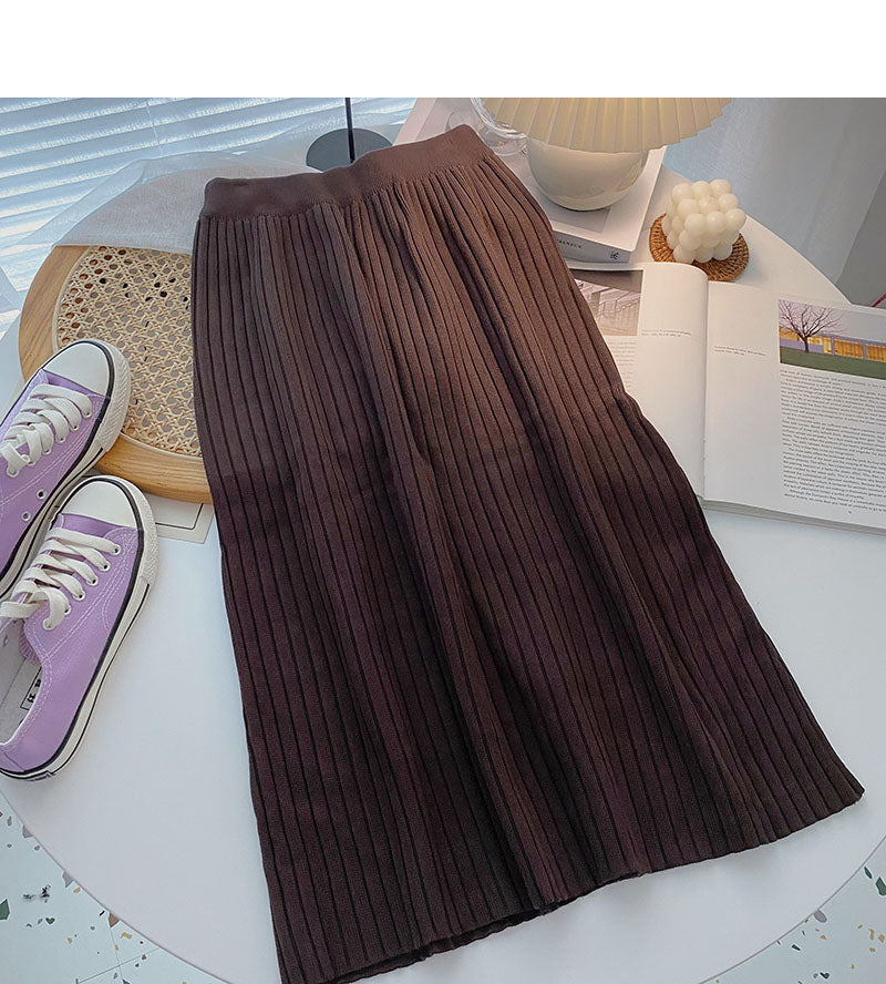Simple solid color high waist knitted thread A-line skirt  5750