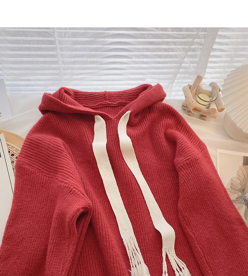 Design sweater tassel drawstring hood loose long sleeve  6083