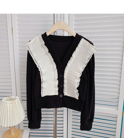 Crimped lace V-neck Vintage shirt cardigan  6408