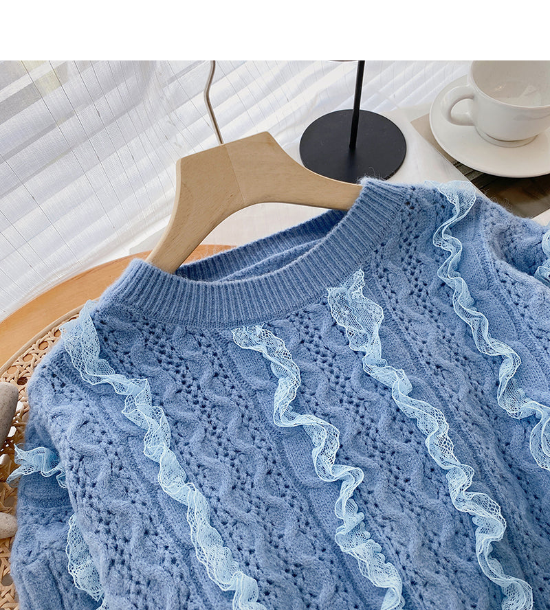 Design sense wavy lace sweater loose sweet crew neck top  6088