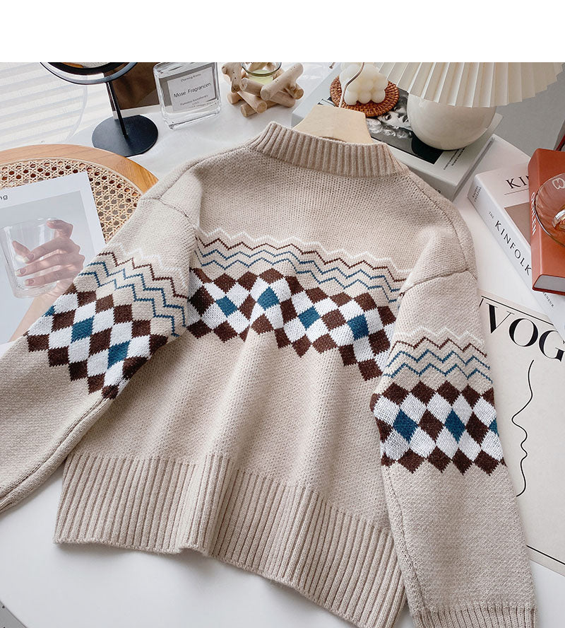 Lazy style retro fashion contrast color long sleeve round neck top  6062