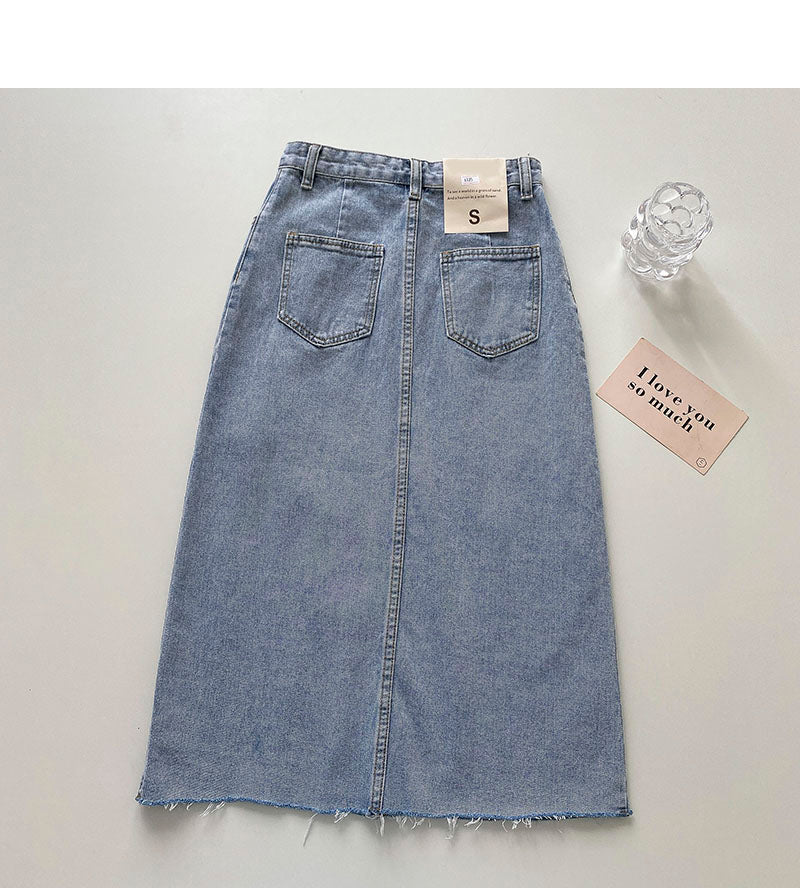 Niche design high waist split denim A-line skirt  5694