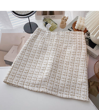 Korean version of thin gold coarse tweed small fragrant grid skirt  5627
