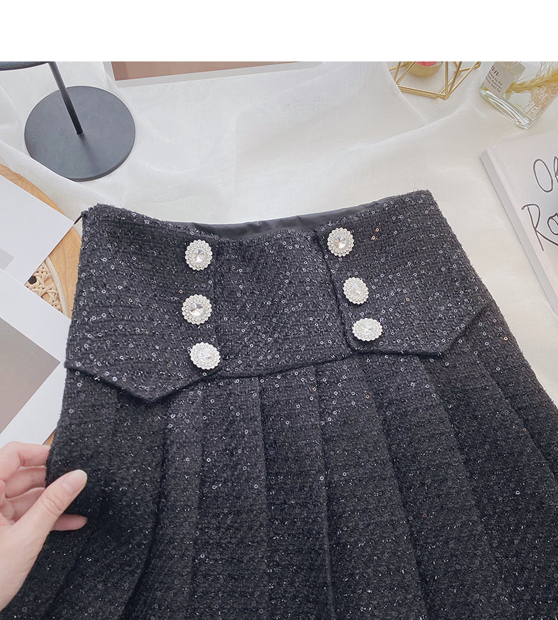 Retro small fragrance diamond studded high waist Sequin A-shaped skirt  5598