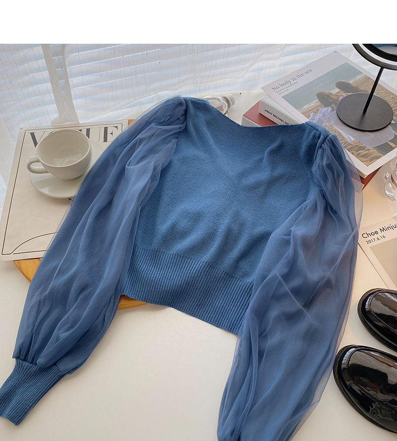 Korean mesh long sleeve design pleated V-neck short slim top  6667