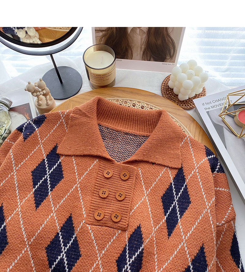 Lapel Pullover design rhombic contrast top  6050