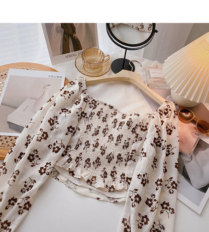Design sense floral shirt square neck lace up long sleeve top  6436