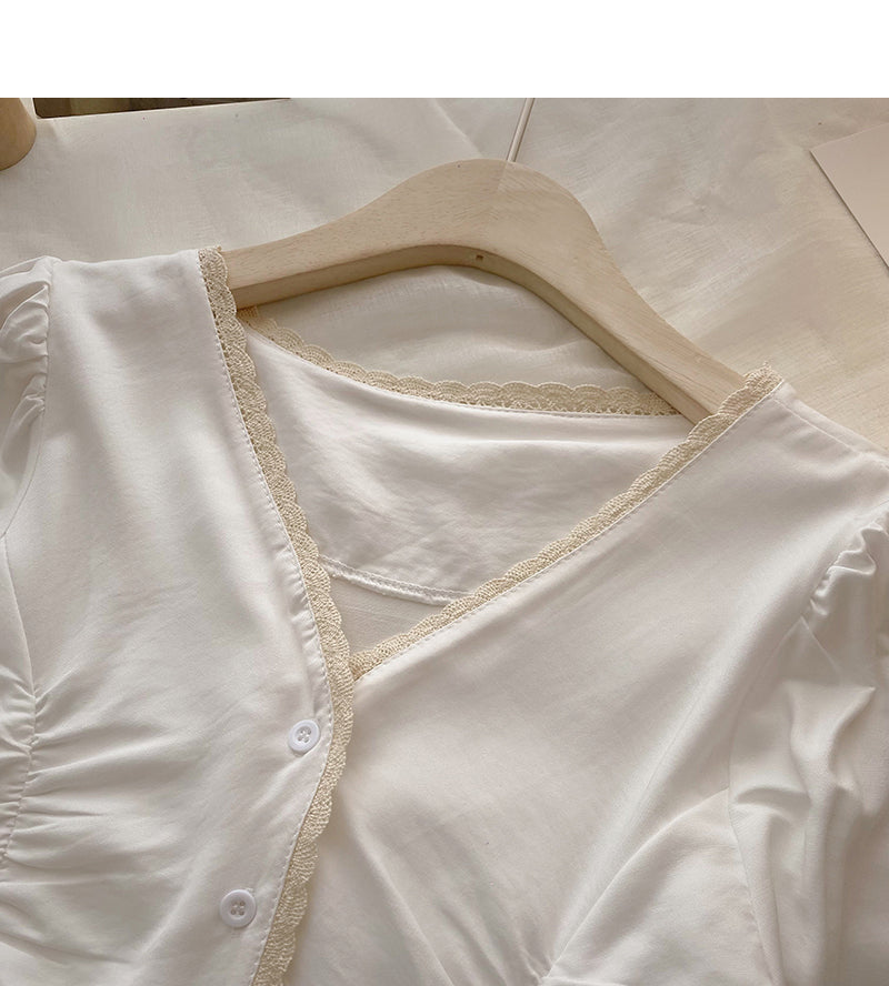 Single breasted lace design V-neck shirt  6359