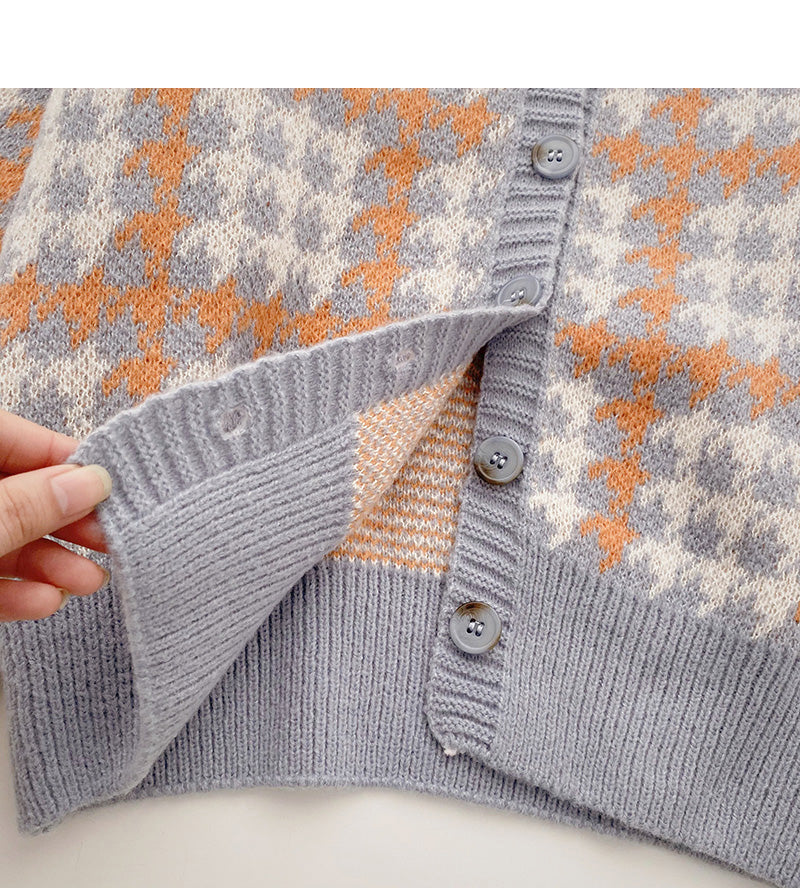 Small fragrance retro color matching thousand bird lattice long sleeve top  5942