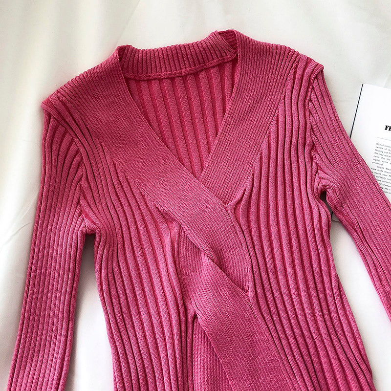 V-neck slim long sleeve slim fit net red pit strip sweater women  6501