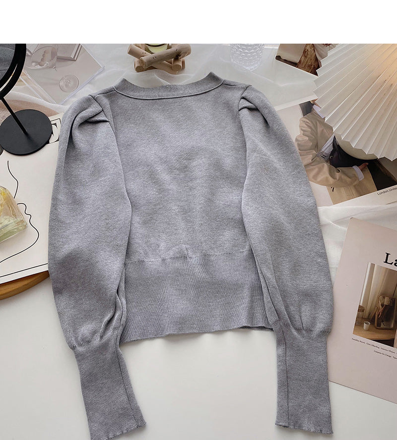 Vintage bow V-Neck Sweater slim long sleeve top  6595