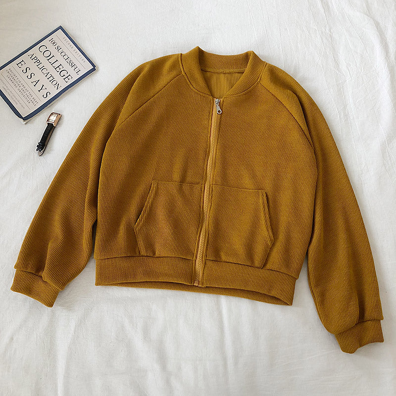 Solid color loose short stand collar zipper coat women  6211
