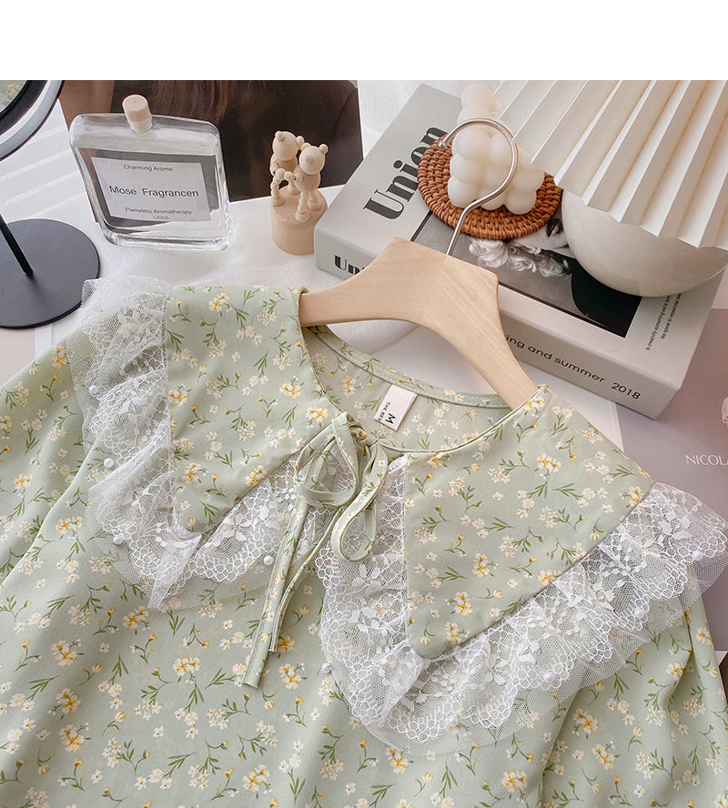 Lace lace up baby collar Floral Shirt  6371