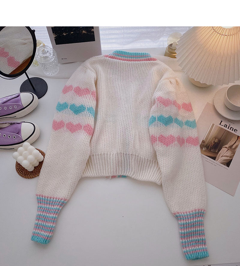 Little fresh girl color contrast love short long sleeve Knitted Top  5855