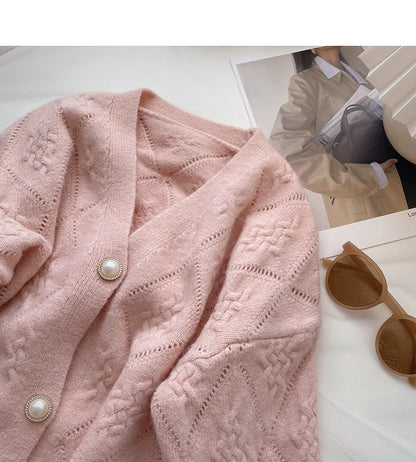 Gentle French retro pearl button V-Neck long sleeve top  6051