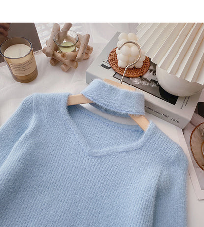Imitation mink pure color sweater hollow neck top  6061