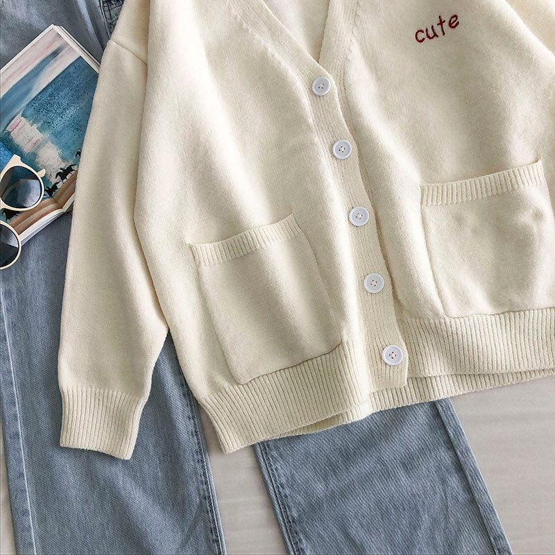 Letter loose long sleeve V-neck double pocket T-shirt  5838