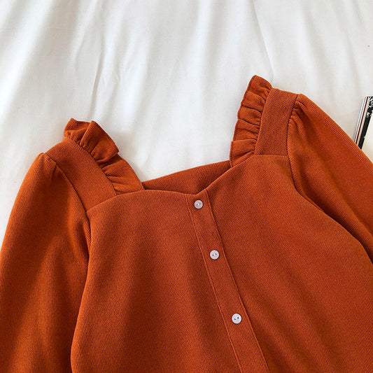 Corduroy Ruffle square collar collarbone short shirt  6246