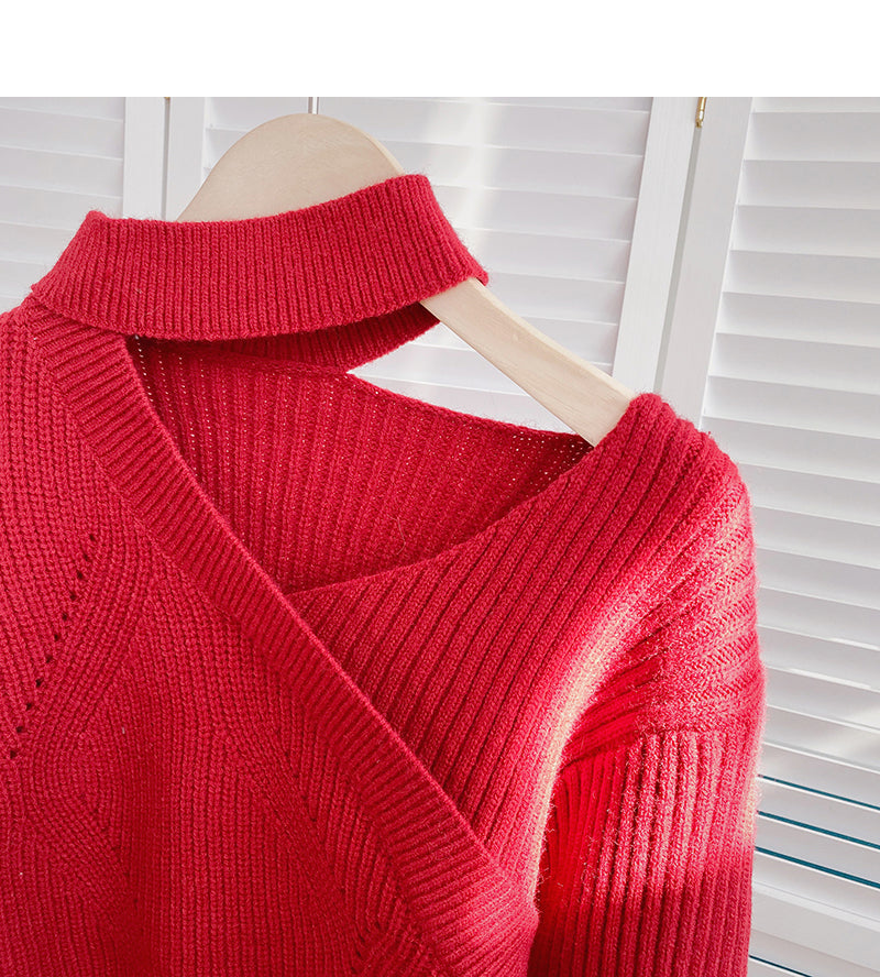 Design hollow out hanging neck V-Neck long sleeve temperament top  6045