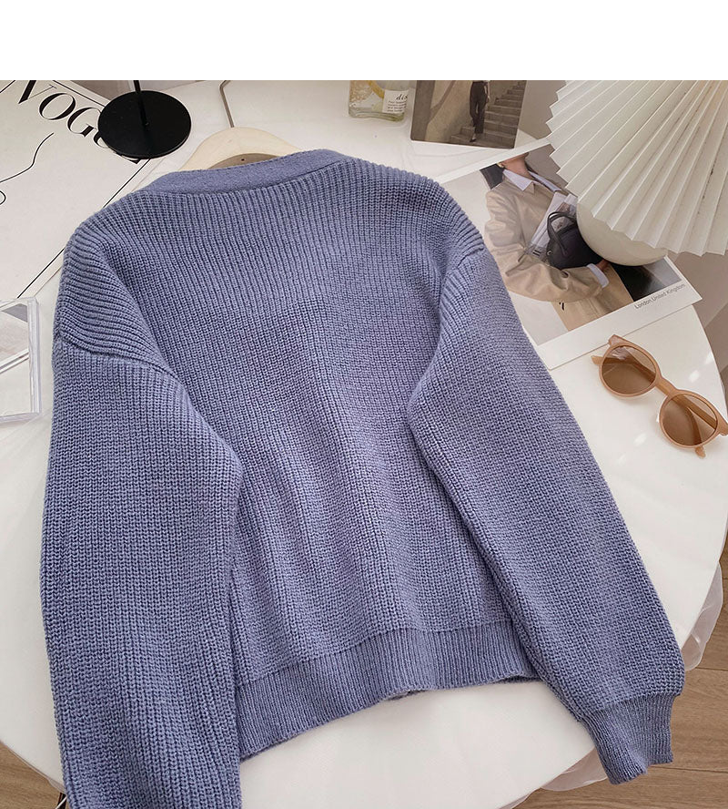 Design sense personalized V-neck hollowed out long sleeve thin loose top  6054