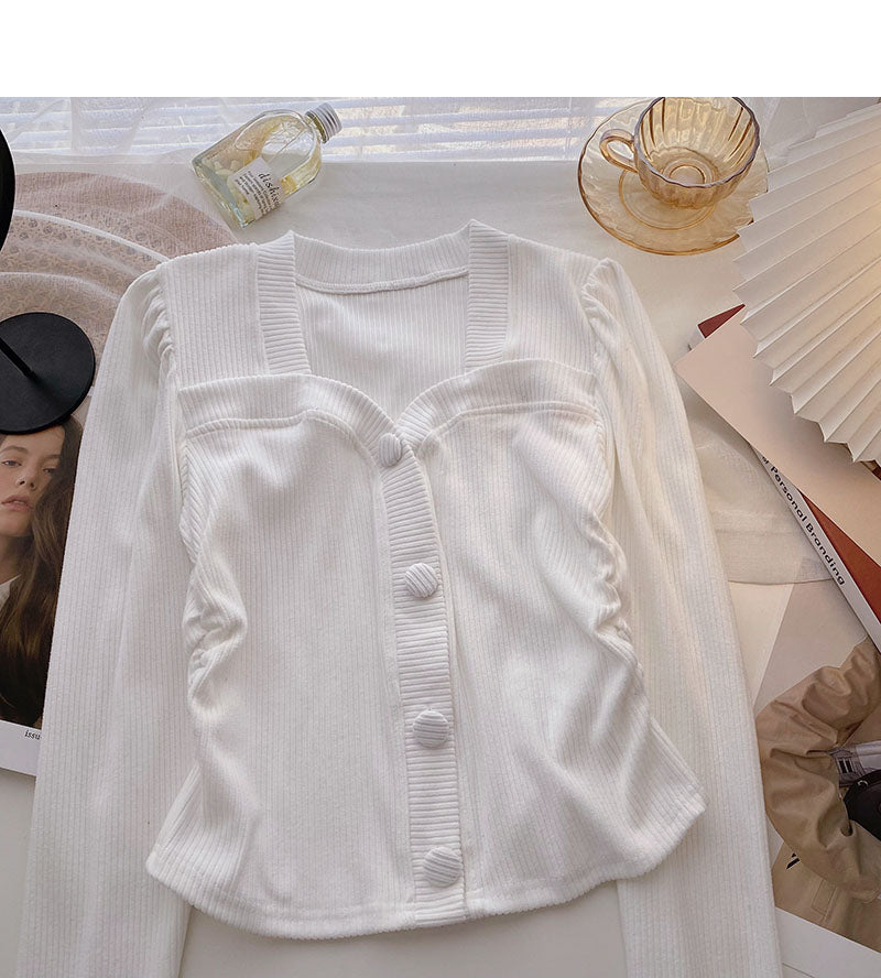 New Korean side pleated slim slim long sleeve top  6344