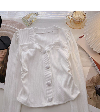New Korean side pleated slim slim long sleeve top  6344