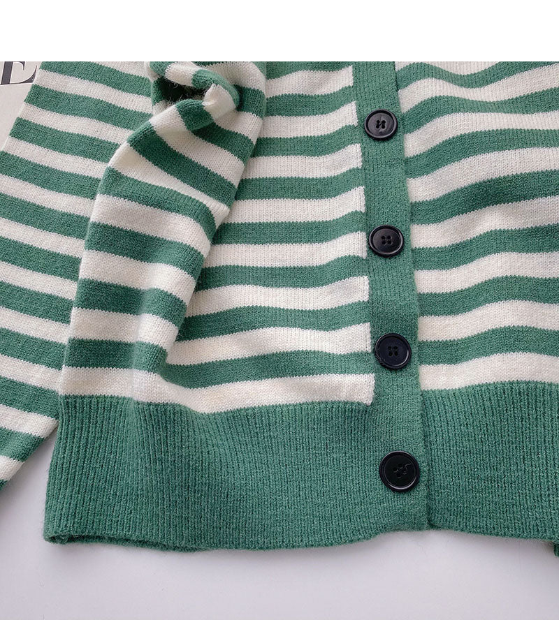Vintage long sleeve knitted cardigan stripe V-neck casual top  6634