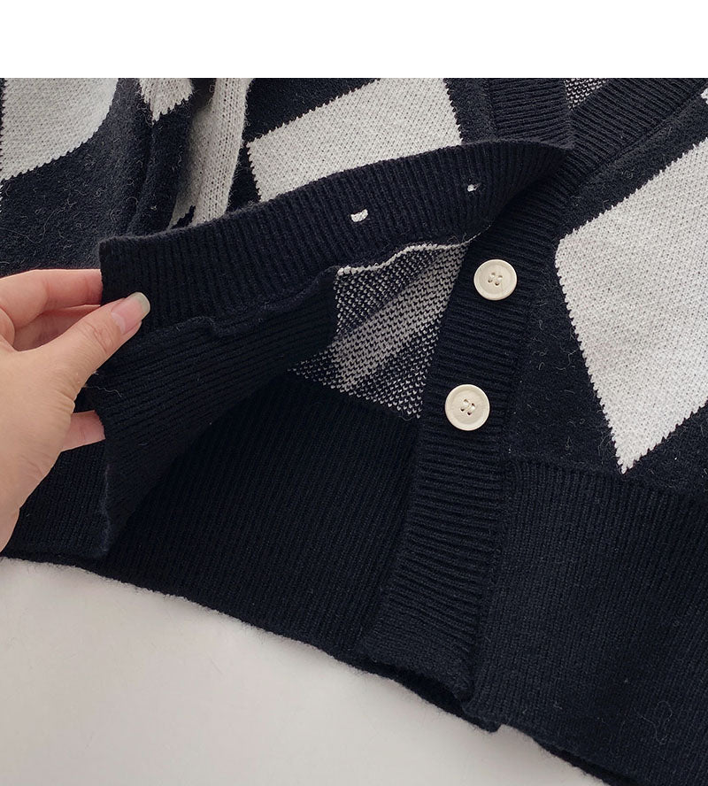 Fashion retro color blocking Plaid long sleeve loose cardigan  6007