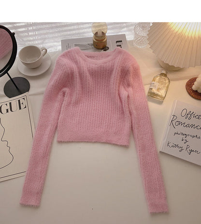 Korean slim fit versatile round neck long sleeve mink coat  5868