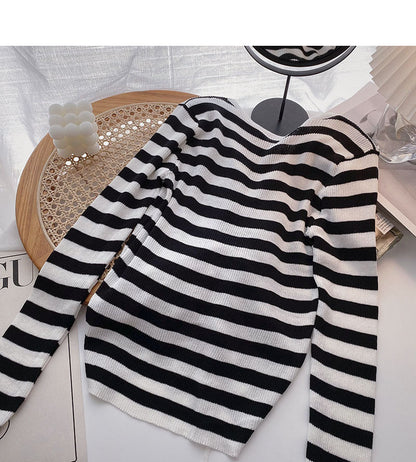Long Sleeve Striped t-shirt design V-neck drawstring top  6485