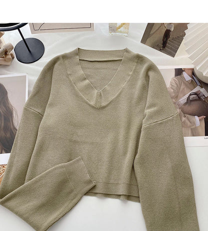 Lazy knit sweater solid V-neck Pullover Top  6677